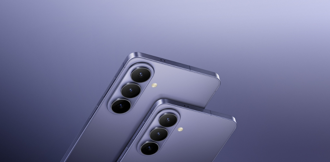 Two purple smartphones with triple-camera backs angled diagonally against a blue gradient background, showcasing their design. (Informative image)
